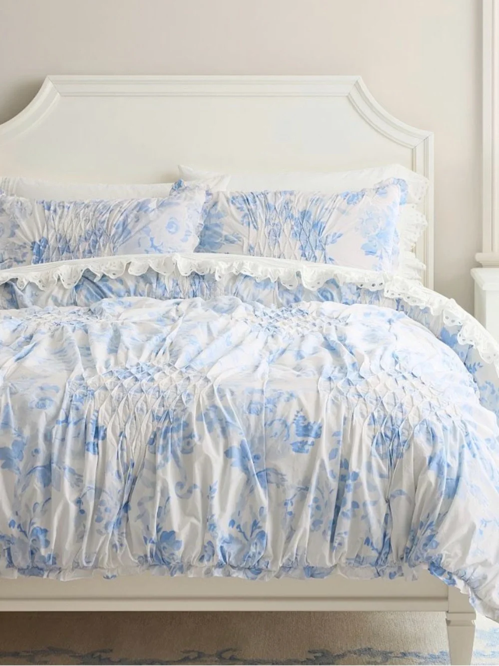 LoveShackFancy White and Light Blue Floral Ruffled Comforter